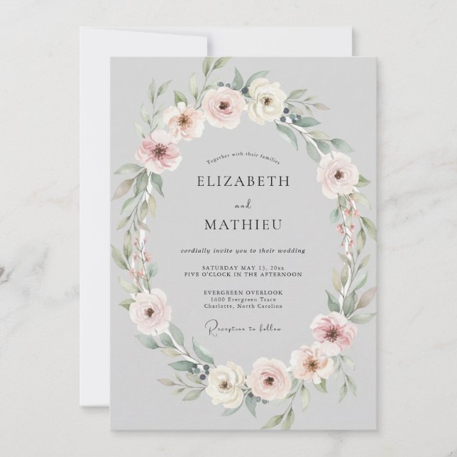 Rosa-silberner Kranz Hochzeit Einladung (Vorderseite)