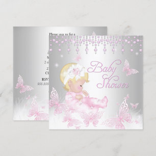 Rosa silberner Streusel-Schmetterling Baby Shower  Einladung