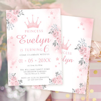 Rosa Silberprinzessin Geburtstagsmädchen Einladung