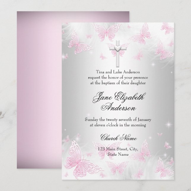 Rosa Silberschmetterling-Kreuztaufe einladen Einladung (Vorne/Hinten)