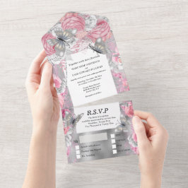 Rosa Silberschmetterling Schimmer Glitzer Erröten  All In One Einladung