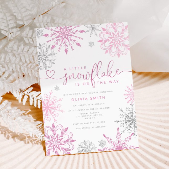 Rosa Silberschneeflocke Mädchendusche Einladung (Von Creator hochgeladen)