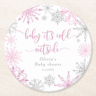 Rosa Silberschneeflocken säumen draußen die Kälte Runder Pappuntersetzer