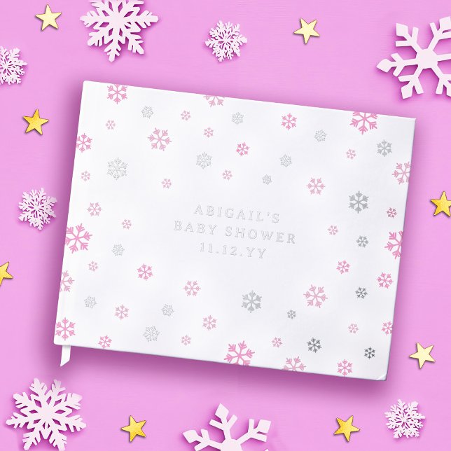 Rosa Silberschneeflocken Winter Girl Babydusche Gästebuch (Von Creator hochgeladen)