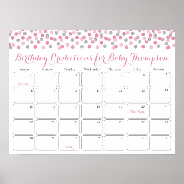 Rosa Silver Baby Birthday Predication Calendar Poster (Vorne)