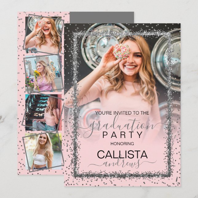 Rosa Silver Confetti Border Foto Abschluss Einladung (Vorne/Hinten)