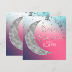 Rosa Silver Moon & Stars Kinderdusche Einladungen