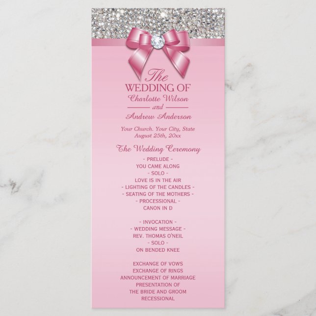 Rosa Silver Sequin Diamond Bow Wedding Program Programm (Vorderseite)
