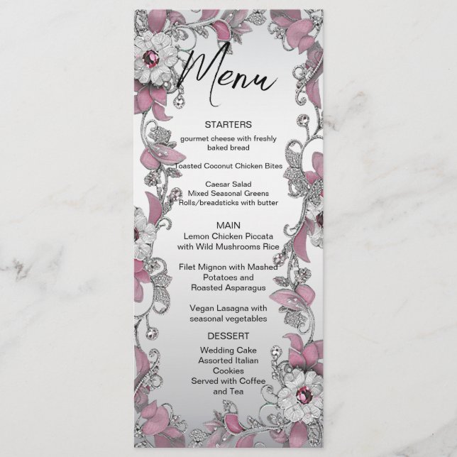 Rosa Silver White Floral Wedding Menu Menükarte (Vorderseite)