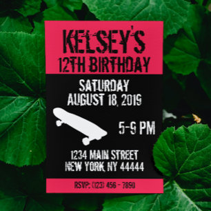 Rosa Skateboard Geburtstag, Skate Board, Girl Einladung