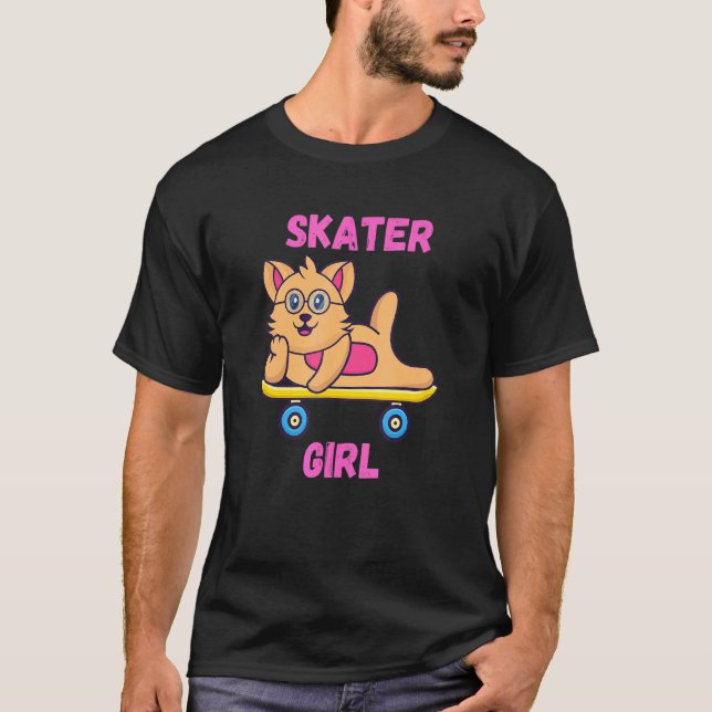 Rosa Skater Mädchen Katze T-Shirt (Vorderseite)