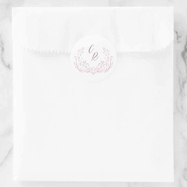 Rosa Sketch Vintag Blüh Wedding Monogram Runder Aufkleber (Tasche)
