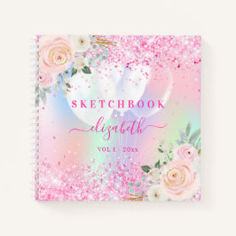Rosa Sketchbok-Florale holografische Glitzer Name Notizbuch
