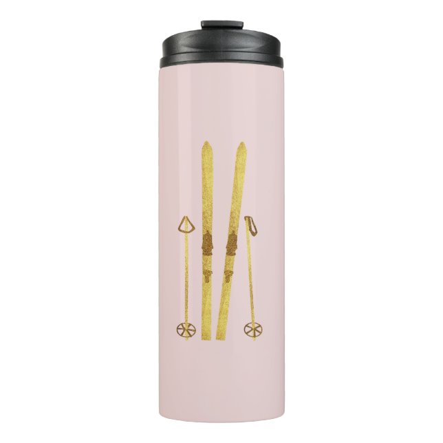 Rosa Skier und Polen | Vintage Skizze Thermosbecher (Vorderseite)