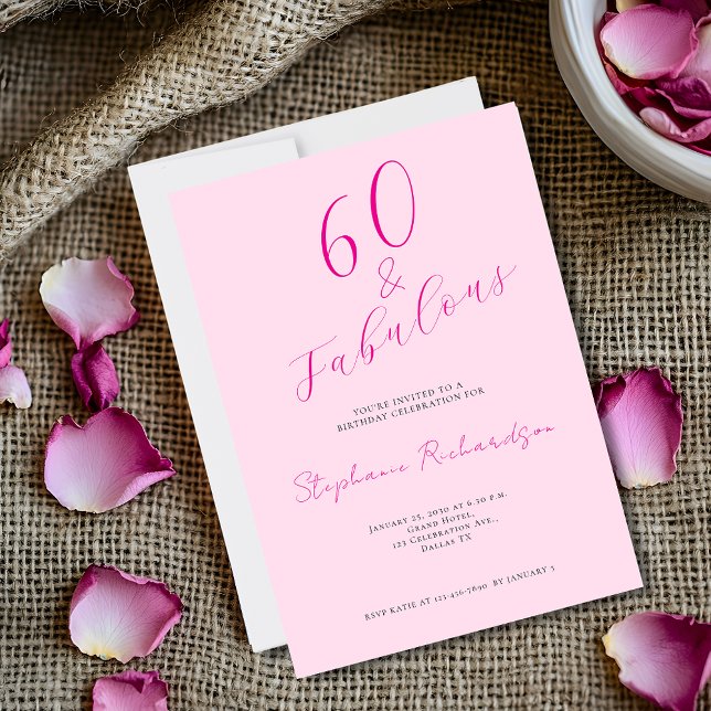 Rosa Skript Sechzig und Fantastisch 60. Geburtstag Einladung (Edit your event details via the template. Invitation size shown is 5" x 7")