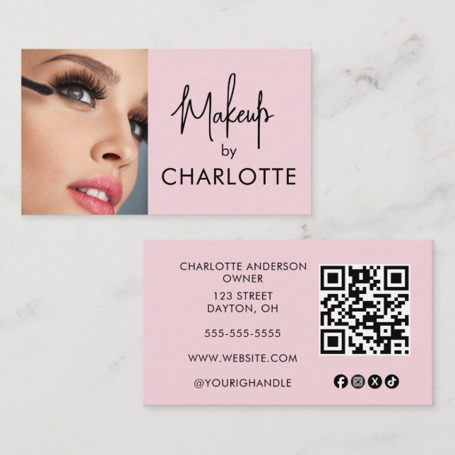 Rosa Skript-Social-Icon QR-Code Foto-Make-up Visitenkarte (Vorne/Hinten)