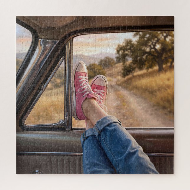 Rosa Sneaker im Retro-Autofenster Puzzle (Vertikal)