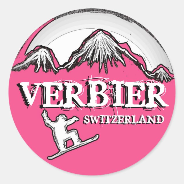 Rosa Snowboarder-Aufkleber in Verbier Schweiz Runder Aufkleber (Vorderseite)
