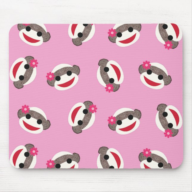 Rosa Socken-Affe-Blumen-Mädchen Mousepad (Vorne)