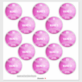 Rosa Softballs Set von 13 Namen von Spielern Aufkleber