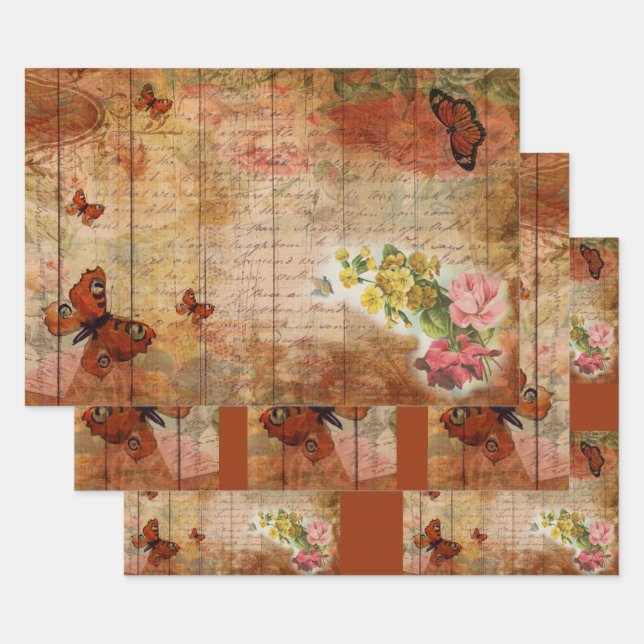 Rosa Sommerschmetterling mit Blume Ephemera Geschenkpapier Set (Set)