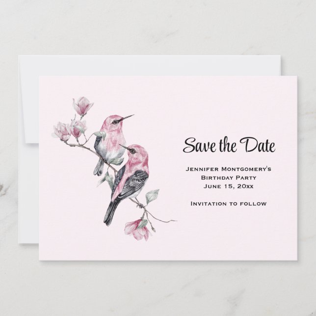 Rosa Songbirds auf einem Baumzweig Save The Date (Vorderseite)
