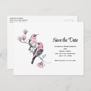 Rosa Songbirds auf einem Baumzweig Save the Date Einladungspostkarte