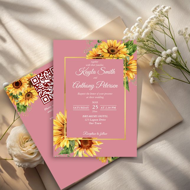 Rosa Sonnenblume Elegante Hochzeit qr uAwg Einladung (Dusty pink sunflower elegant wedding invitation cards with RSVP template instant download)