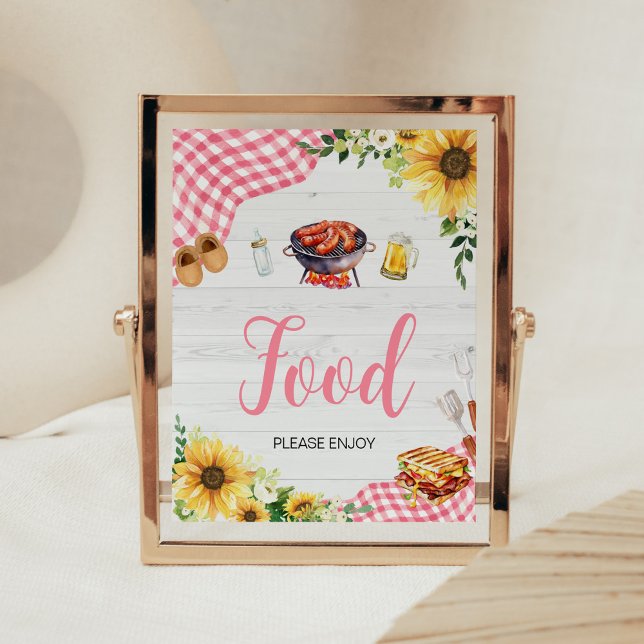 Rosa Sonnenblume GRILLEN Babydusche Poster (Baby- Q Backyard Baby Shower Food Sign)