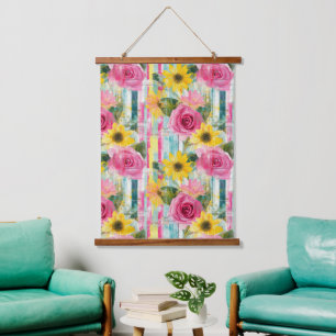 Rosa Sonnenblume Teal Sommer Blumen Wandteppich Mit Holzrahmen