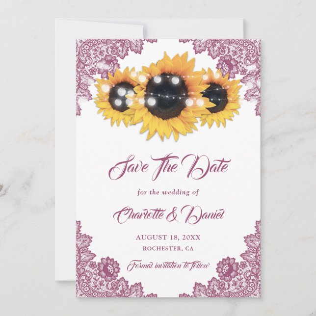 Rosa Sonnenblumen-Rustikale Blumen-Spitze Hochzeit Save The Date (Vorderseite)