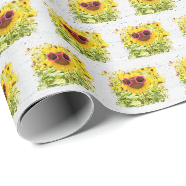 Rosa Sonnenbrille auf Sonnenblumen Geschenkpapier (Rolleneckpunkt)