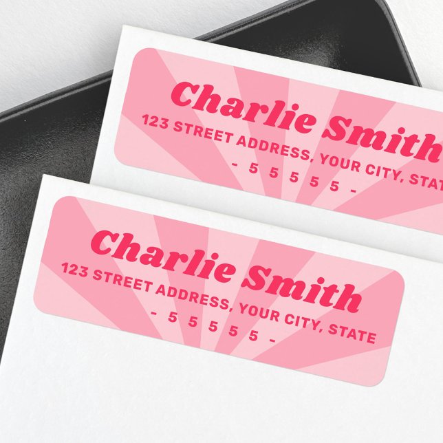 Rosa Sonnenburst Retroton helle, fette Rücksendead (Pink sunburst retro bright bold return address label)