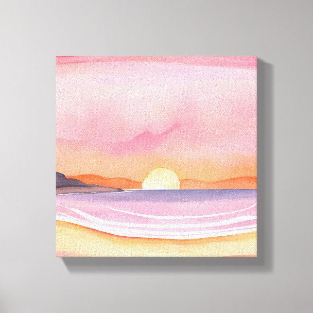 Rosa Sonnenuntergang | Aquarell Beach Sky Malerei Leinwanddruck (Vorderseite)