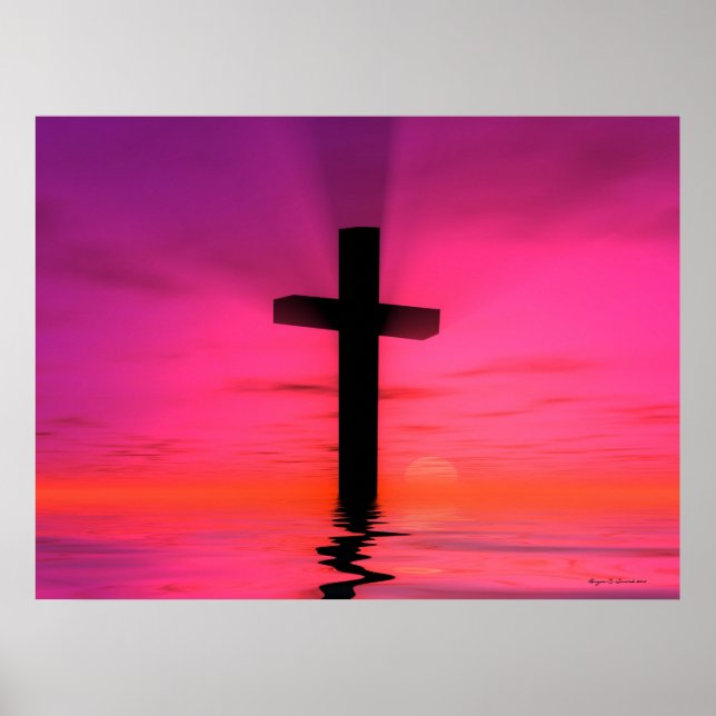 Rosa Sonnenuntergang Christliche Cross Art Printwe Poster (Vorne)