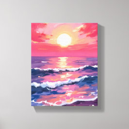 Rosa Sonnenuntergang Lila Ozeanwellen Wasserfarbe Leinwanddruck