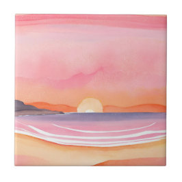 Rosa Sonnenuntergang | Wasserfarben Strand Himmel  Fliese