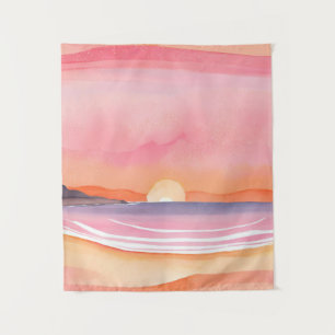 Rosa Sonnenuntergang   Wasserfarben Strand Himmel  Wandteppich