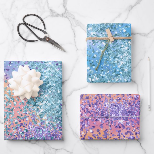 Rosa Sparkasse Lila Aqua Glitzer Confetta  Geschenkpapier Set (Vorderseite)