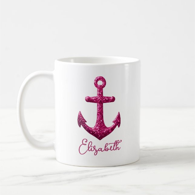 Rosa Sparkle Glitzer Nautical Sailing Name Kaffeetasse (Links)