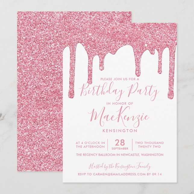 Rosa Sparkone Glitzer Tropfen jedes Jahr am Geburt Einladung (Vorne/Hinten)