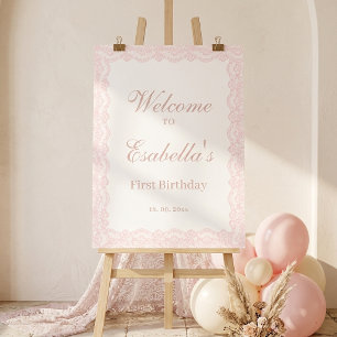 Rosa Spitze zum ersten Geburtstag Begrüßung Mädche Poster