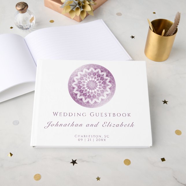 Rosa Spitzen-Mandala-Hochzeit Gästebuch (Vorderseite Offen)