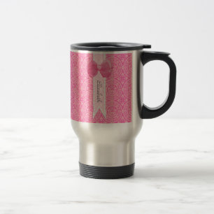 Rosa Spitzenmuster mit Band-Schleifendesign und Na Reisebecher