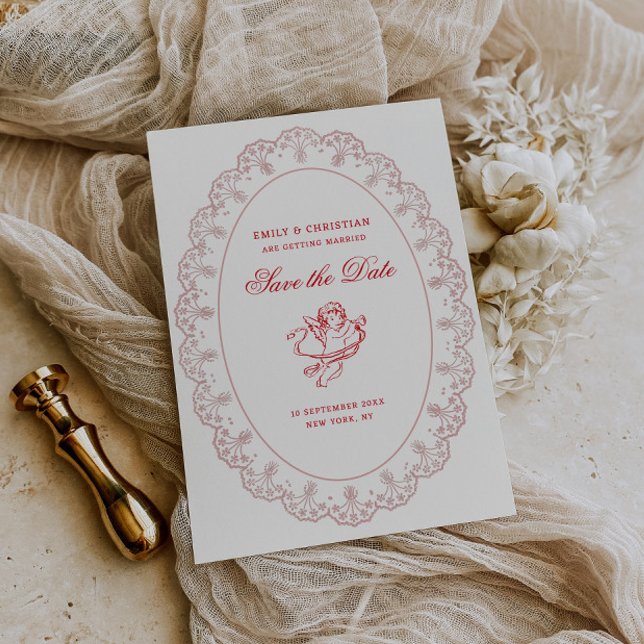 Rosa Spitzenrahmen Vintage-Engel Hochzeit Save The Date (Von Creator hochgeladen)