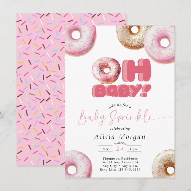 Rosa Sprinkle | Donut | Baby Sprinkle Einladungen (Vorne/Hinten)