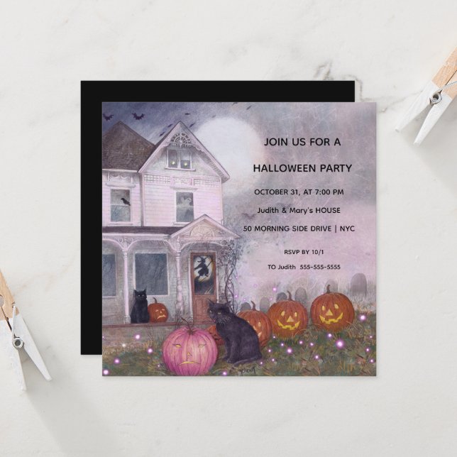 Rosa Spuk Haus Black Cat Halloween-Party Einladung (Vorderseite/Rückseite Beispiel)