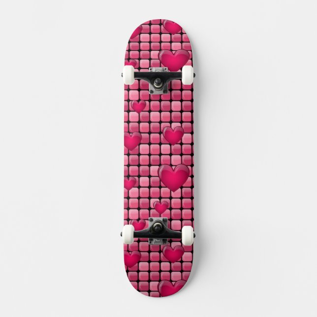 Rosa Stapel mit Herzen Skateboard (Vorderseite)