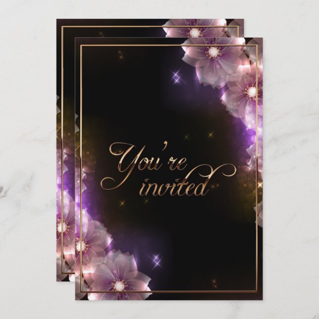 Rosa Starlight Blume/Goldtrimmung Einladung (Vorne/Hinten)