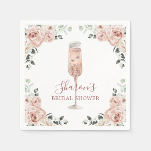 Rosa staubige Rosenblüten und Prosecco-Papier-Serv Serviette